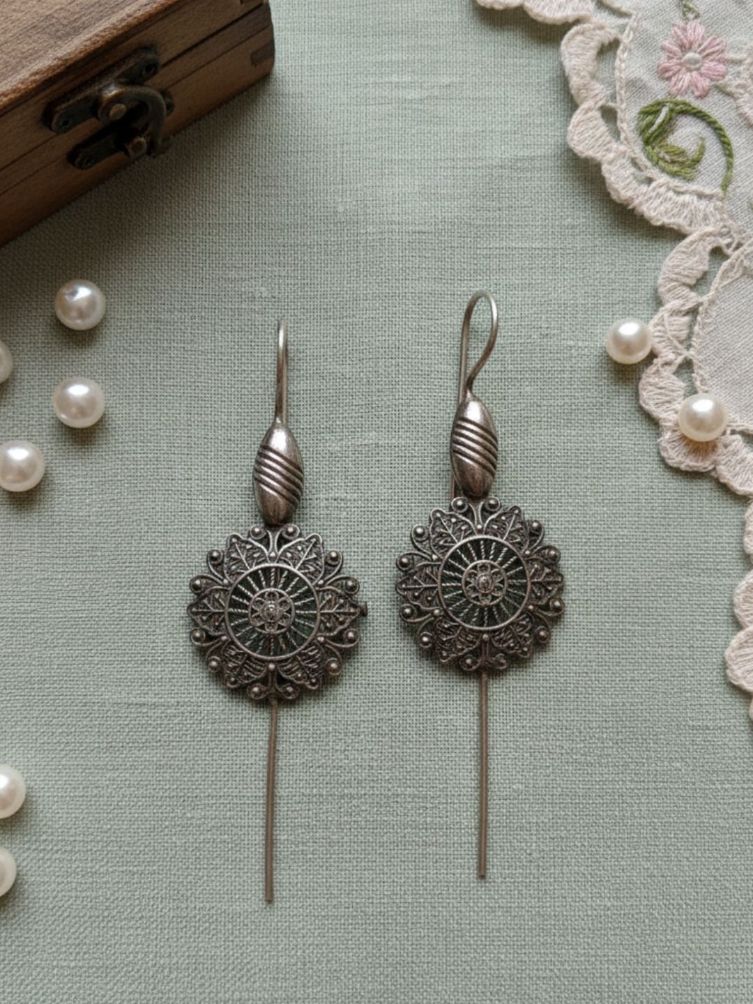 Oxidized Silver Plated Sunflower Wire Loop Earrings  Long Hook Drop Earrings