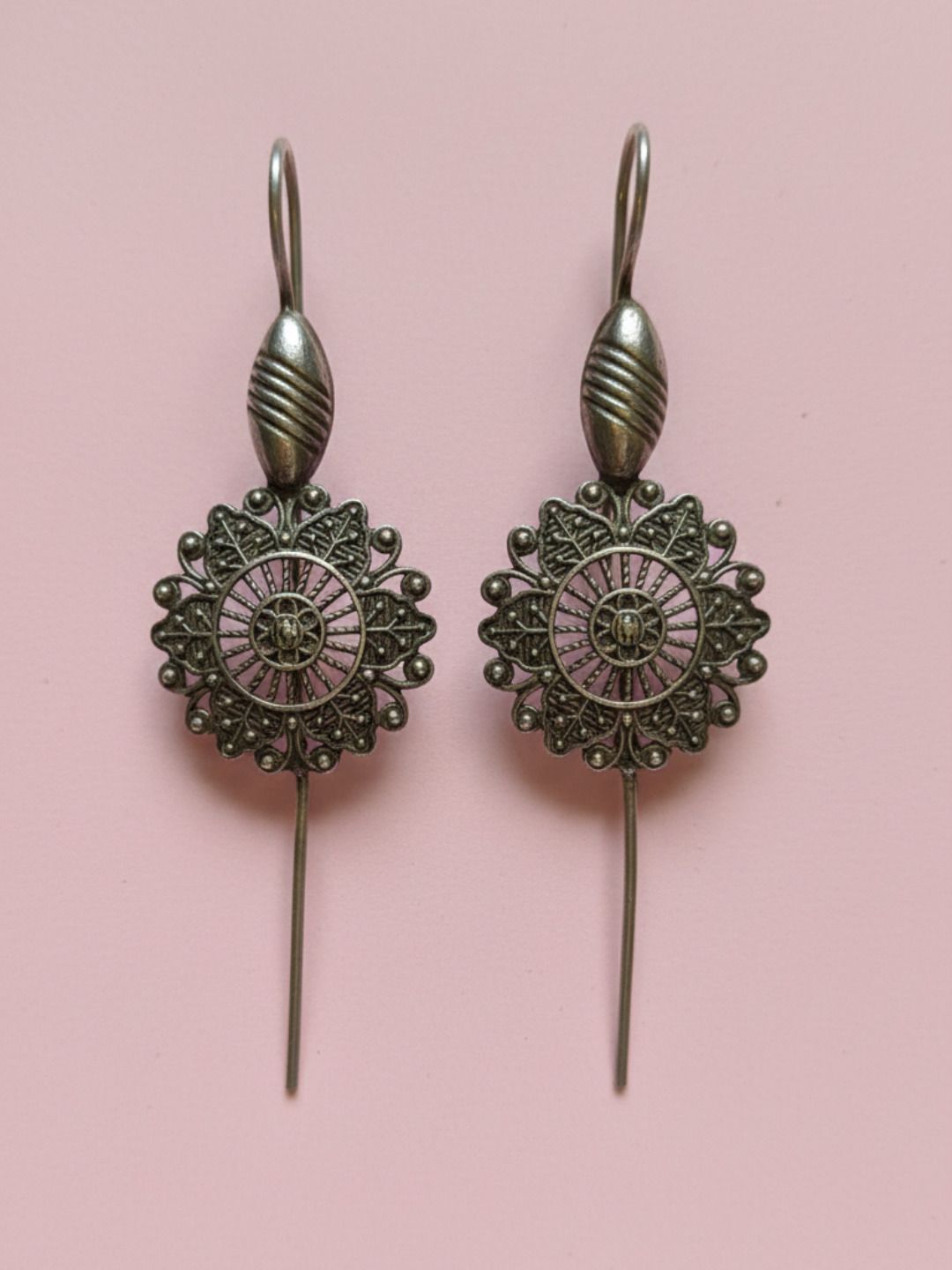 Oxidized Silver Plated Sunflower Wire Loop Earrings  Long Hook Drop Earrings
