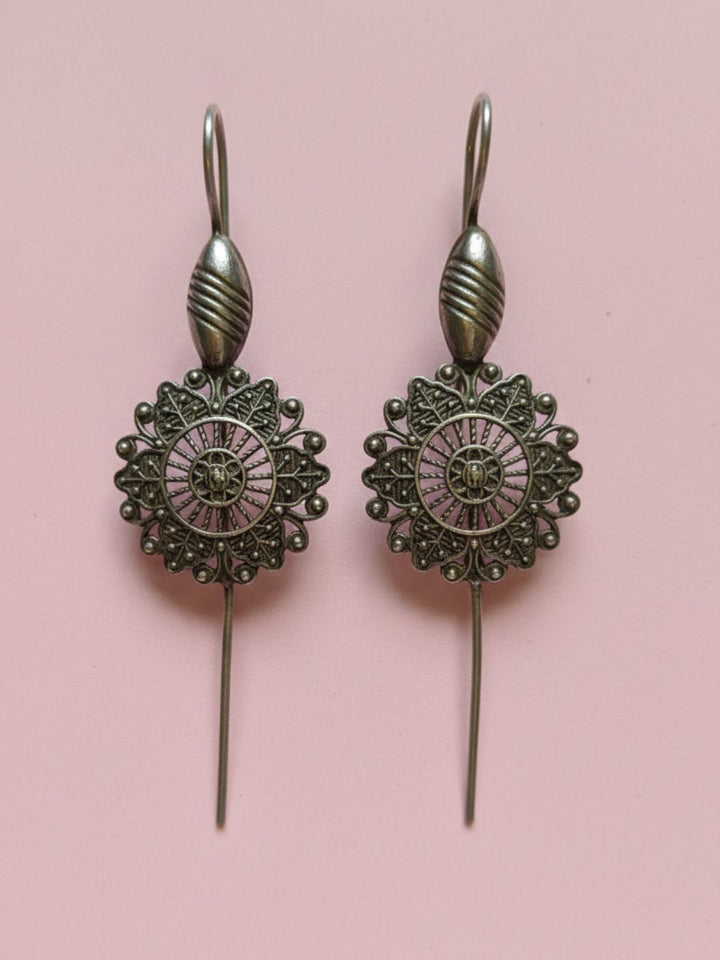 Oxidized Silver Plated Sunflower Wire Loop Earrings  Long Hook Drop Earrings