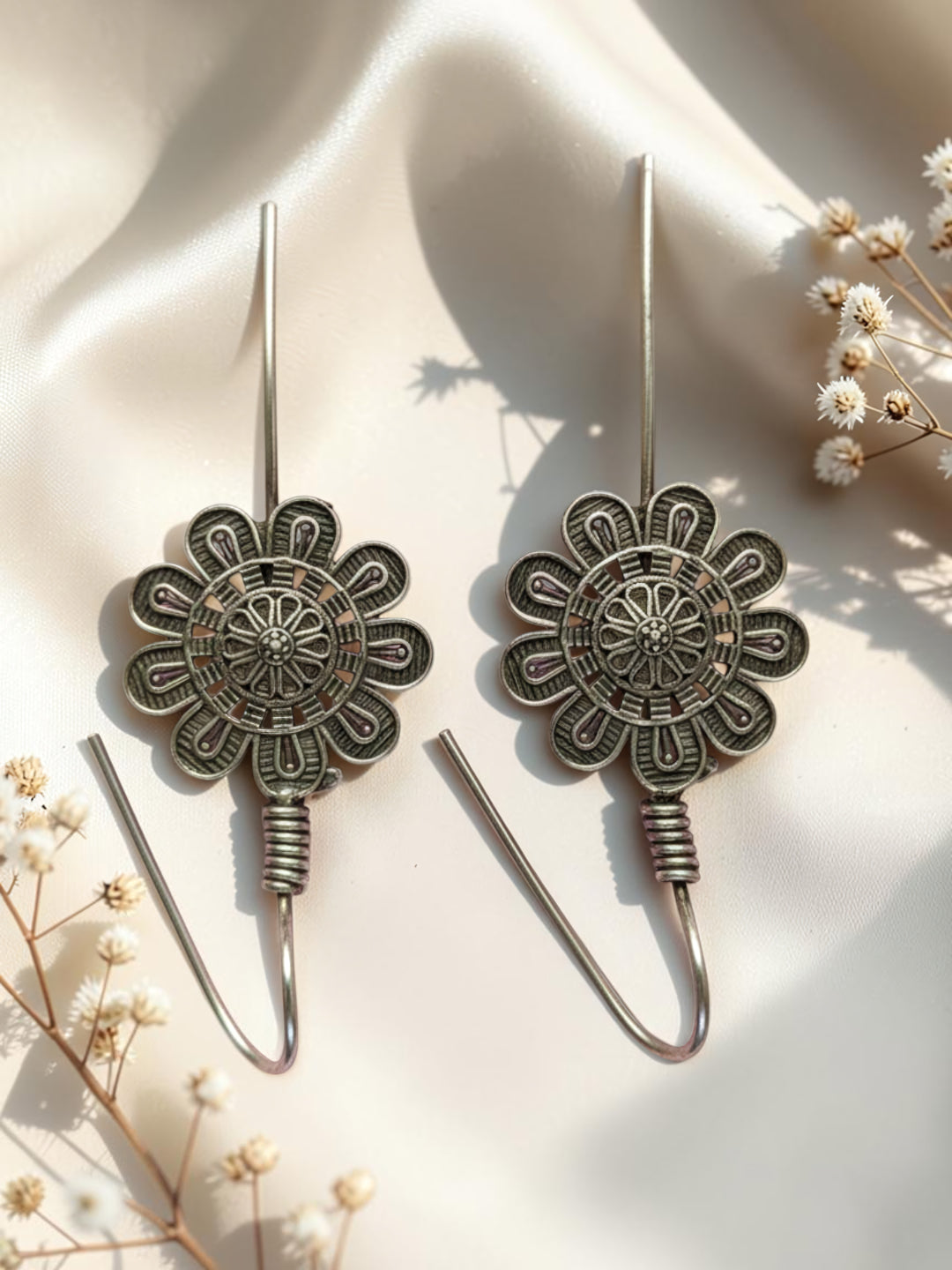 Oxidized Silver Plated Floral Wave Drop Earrings – Brass Textured  Earrings