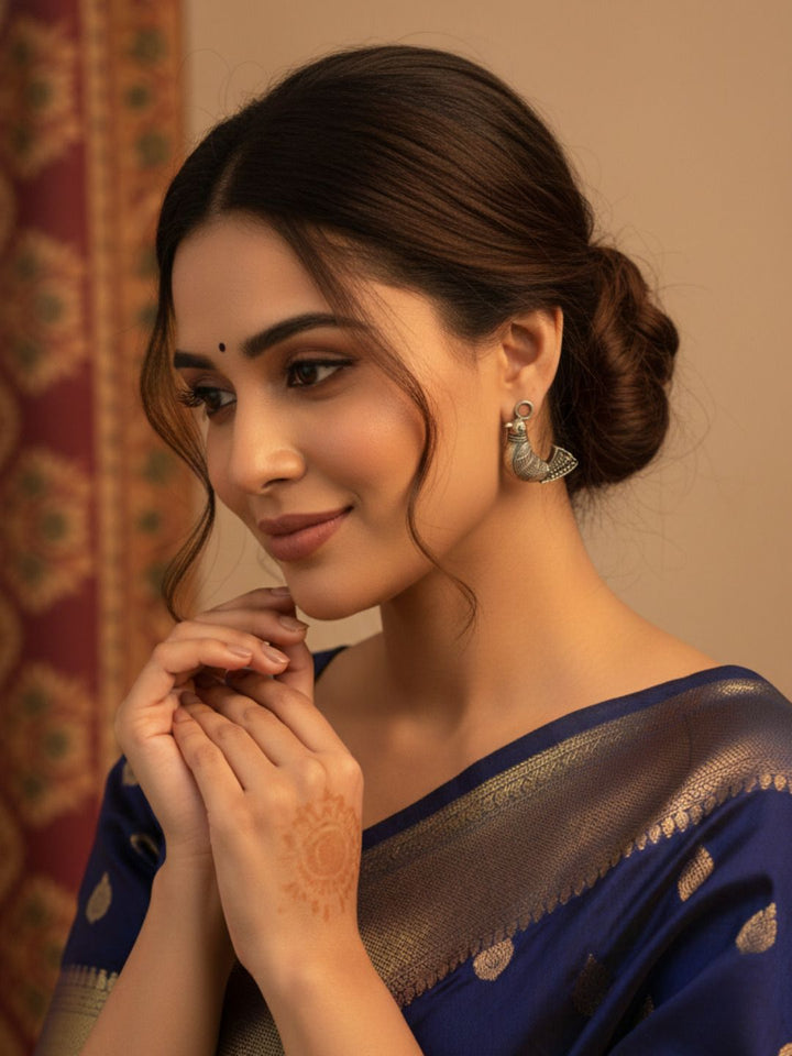 Oxidized Silver Plated Sitar Drop Earrings Brass  Motif Hanging Earrings