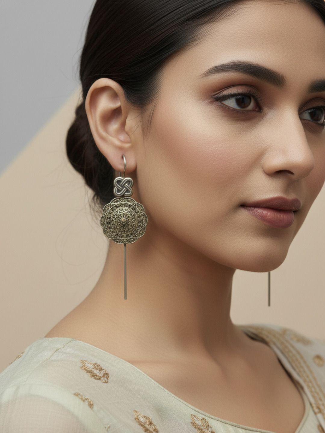 Oxidized Silver Plated Floral Arch Chandbali Earrings  Open Hoop Earrings