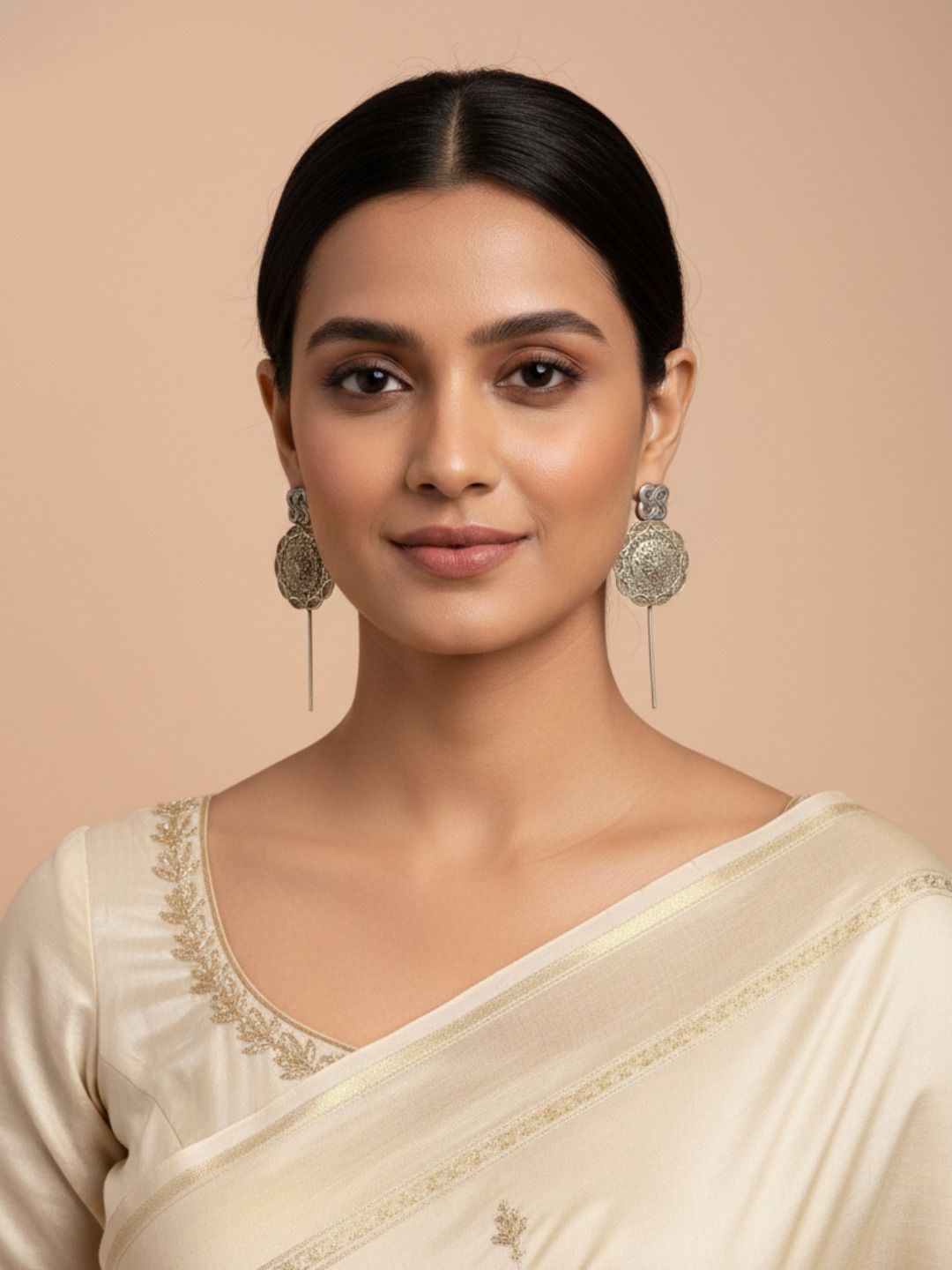 Oxidized Silver Plated Floral Arch Chandbali Earrings  Open Hoop Earrings