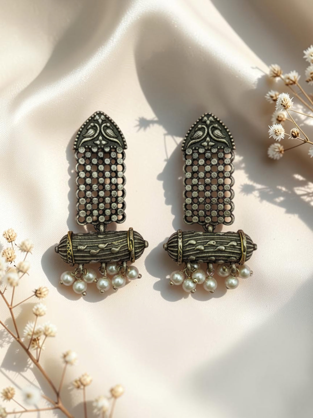 Oxidized Silver Plated Rose Stud Earrings Brass Gulab Motif Flower Large Studs