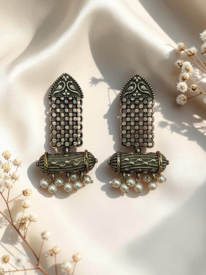 Oxidized Silver Plated Rose Stud Earrings Brass Gulab Motif Flower Large Studs