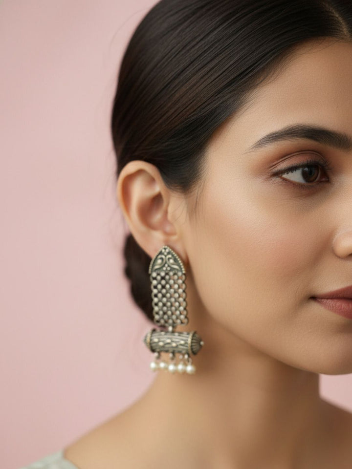 Oxidized Silver Plated Rose Stud Earrings Brass Gulab Motif Flower Large Studs