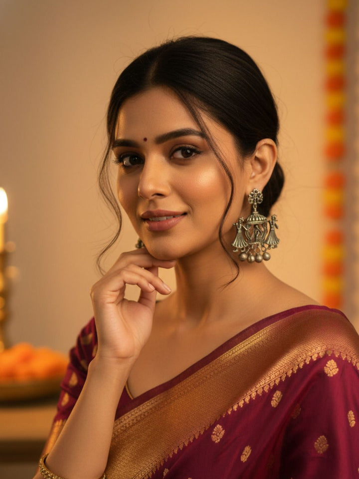 Oxidized Silver Plated Elephant Lotus Jhumka Earrings Brass Dome Jhumki
