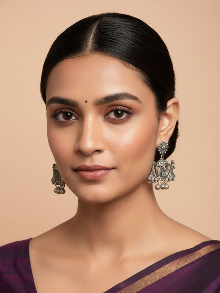 Oxidized Silver Plated Elephant Lotus Jhumka Earrings Brass Dome Jhumki