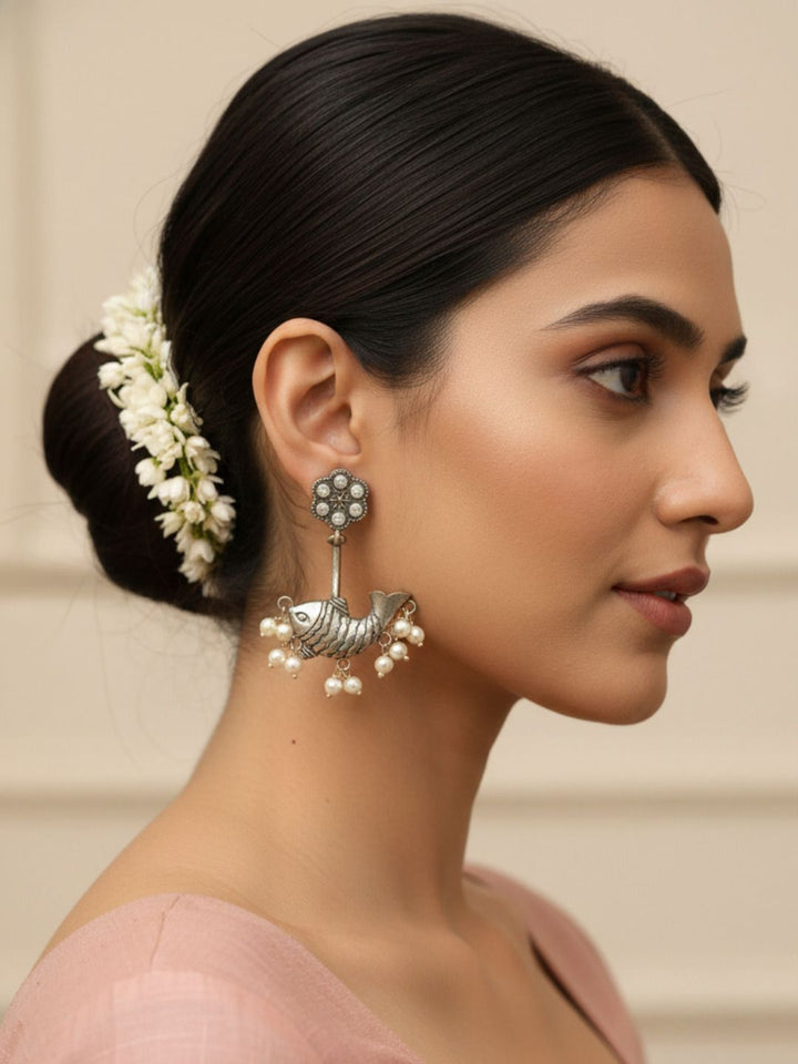 Oxidized Silver Plated Jharokha Arch Earrings  Geometric Long Hook Earrings