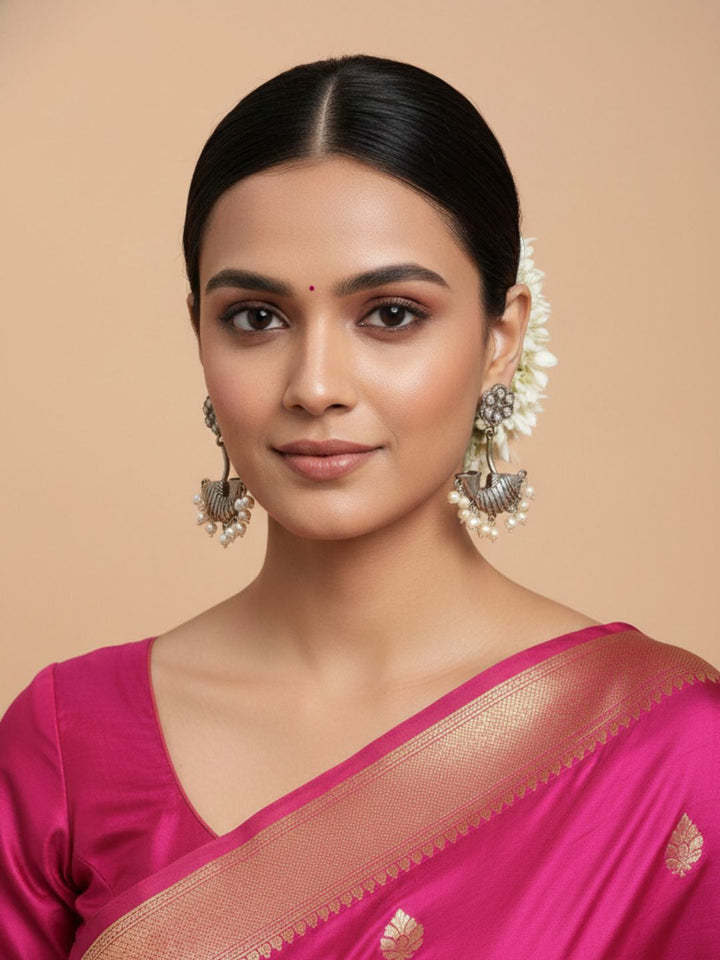 Oxidized Silver Plated Jharokha Arch Earrings  Geometric Long Hook Earrings