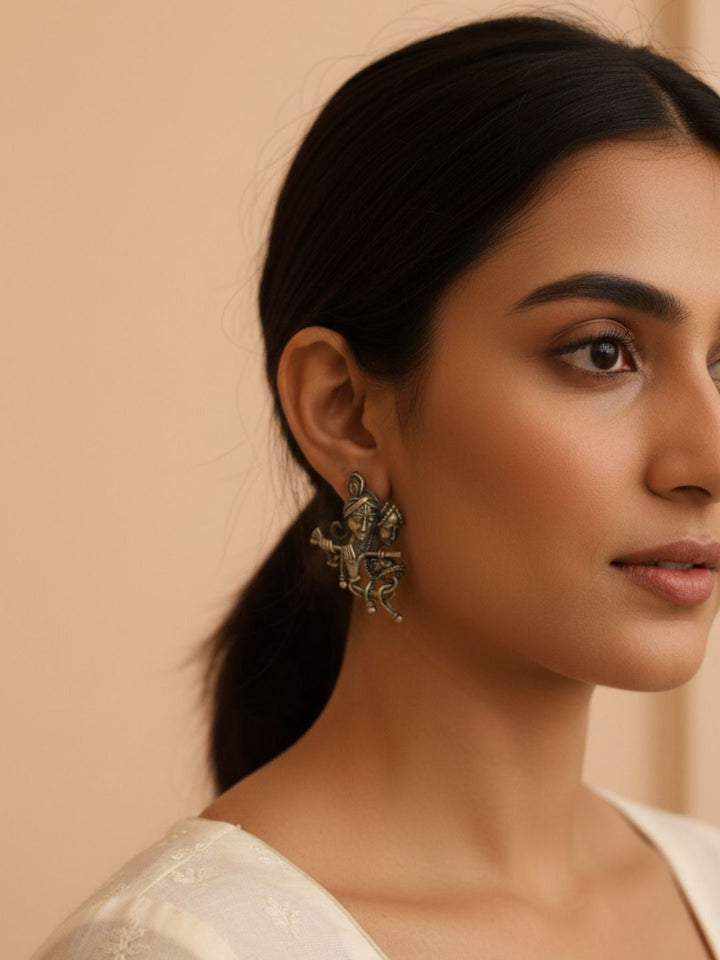 Oxidized Silver Plated Dholak Drop Earrings Brass  Motif Hanging Earrings