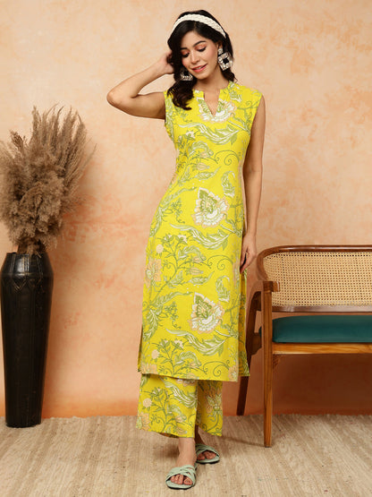 Rayon  Calf Length Printed Straight Slveeless Mandarin Kurta Bottom Set