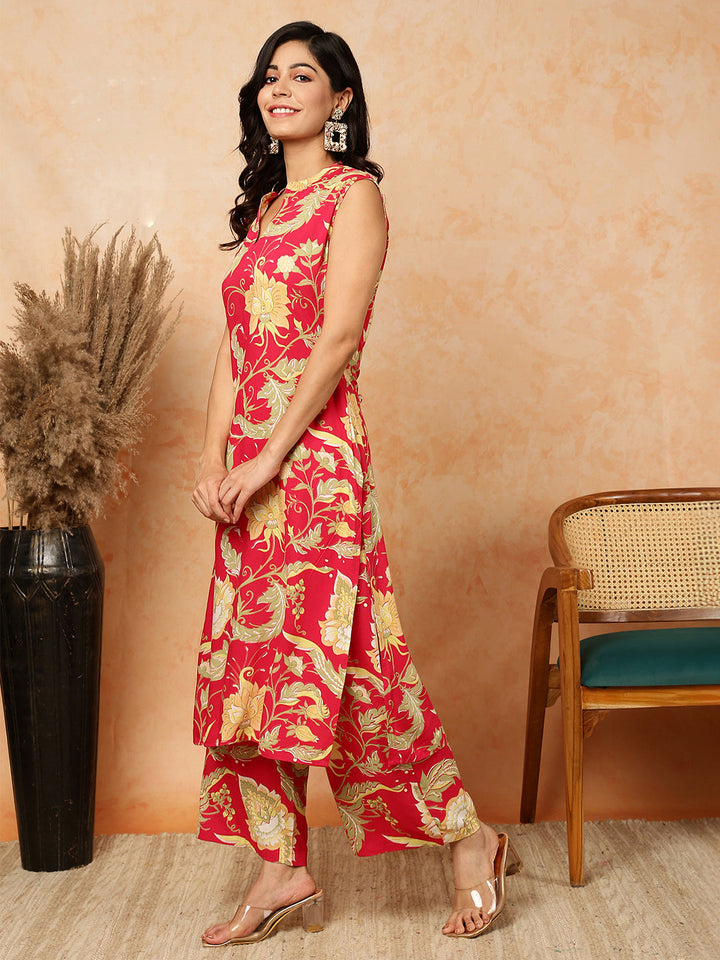 Rayon  Calf Length Printed Straight Slveeless Mandarin Kurta Bottom Set