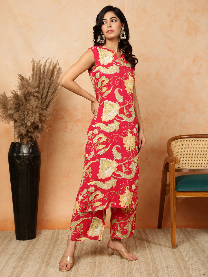 Rayon  Calf Length Printed Straight Slveeless Mandarin Kurta Bottom Set