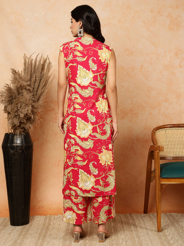 Rayon  Calf Length Printed Straight Slveeless Mandarin Kurta Bottom Set