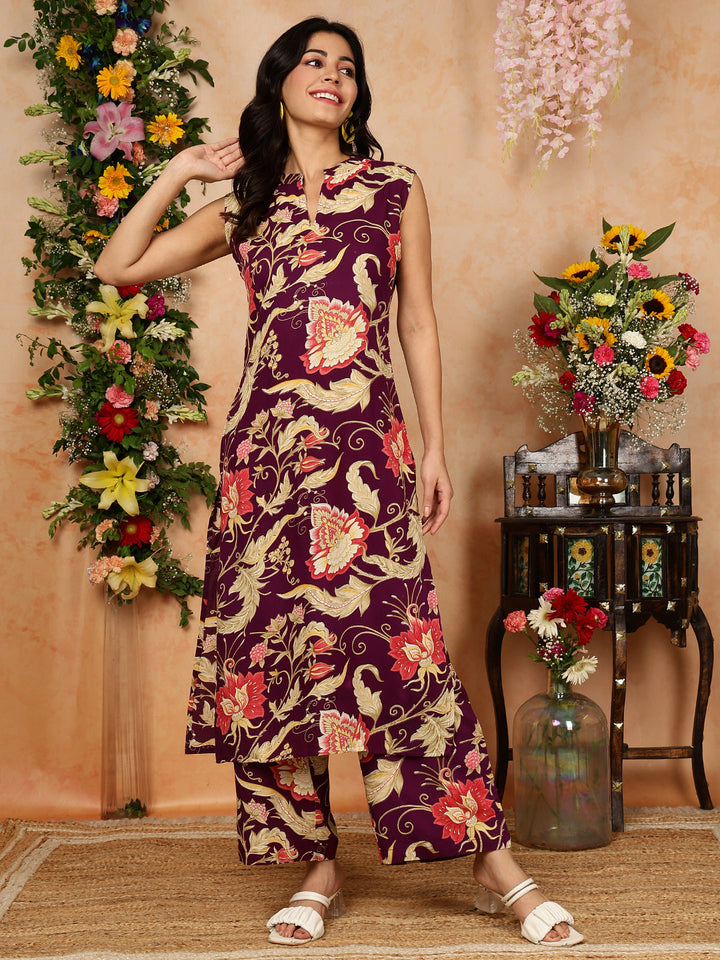 Rayon  Calf Length Printed Straight Slveeless Mandarin Kurta Bottom Set
