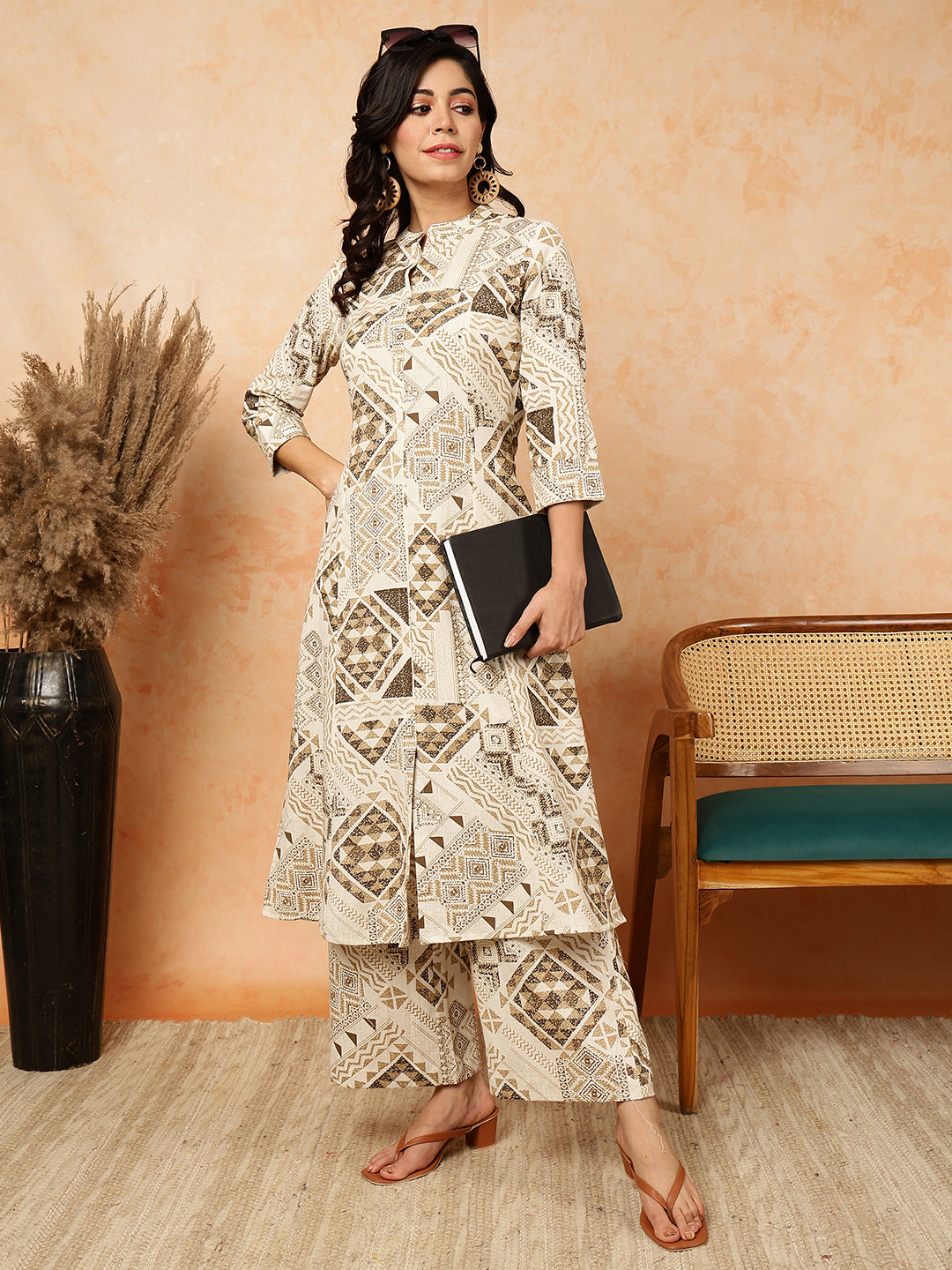 Cotton Flex  Calf Length Printed Straight 3/4 Sleeves Mandarin Kurta