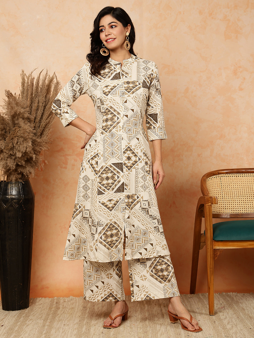 Cotton Flex  Calf Length Printed Straight 3/4 Sleeves Mandarin Kurta