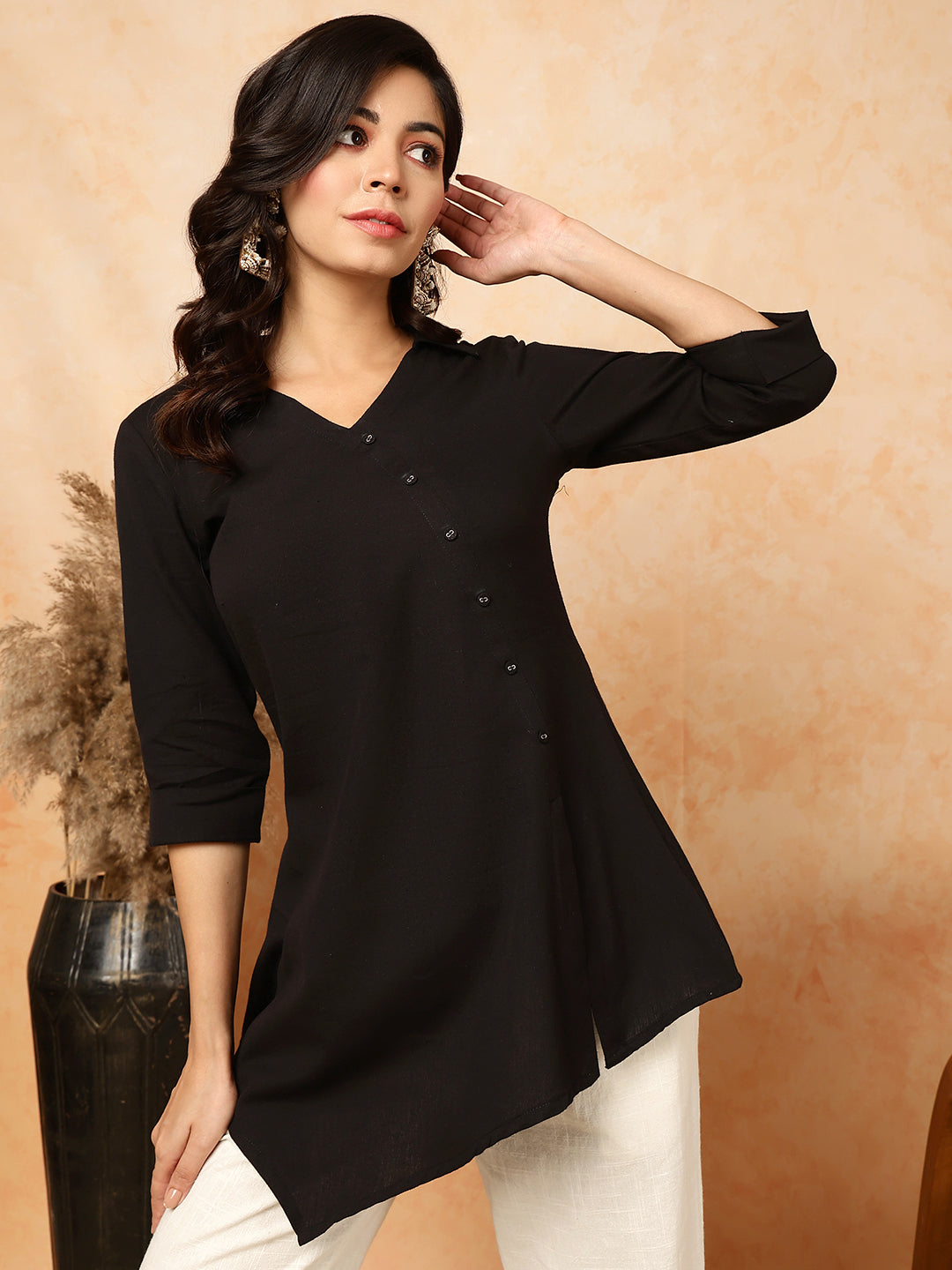 Cotton Flex  Short / Hip Length Length Solid Asymmetrical 3/4 Sleeves Shirt Coller Top