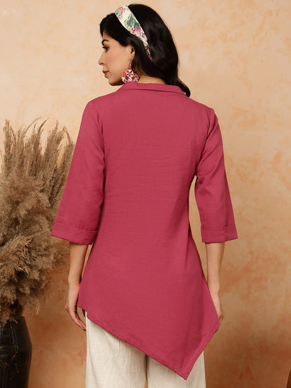 Cotton Flex  Short / Hip Length Length Solid Asymmetrical 3/4 Sleeves Shirt Coller Top