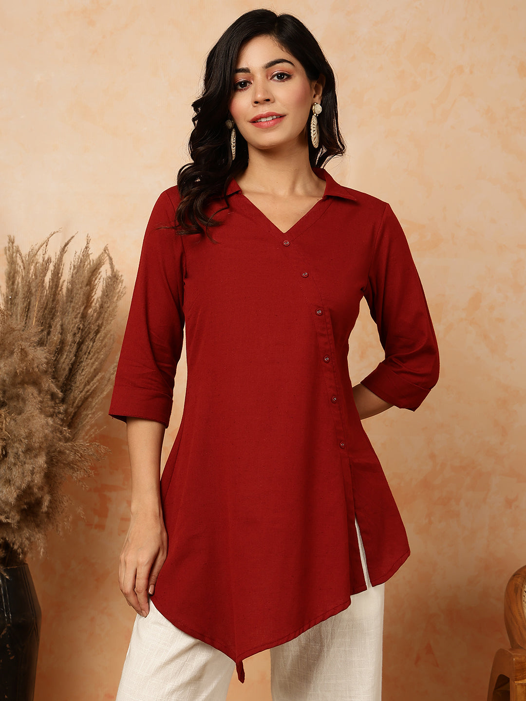 Cotton Flex  Short / Hip Length Length Solid Asymmetrical 3/4 Sleeves Shirt Coller Top