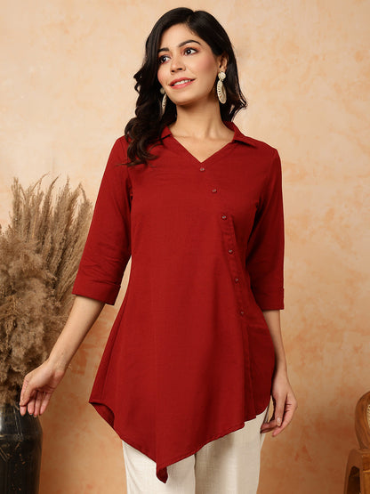 Cotton Flex  Short / Hip Length Length Solid Asymmetrical 3/4 Sleeves Shirt Coller Top
