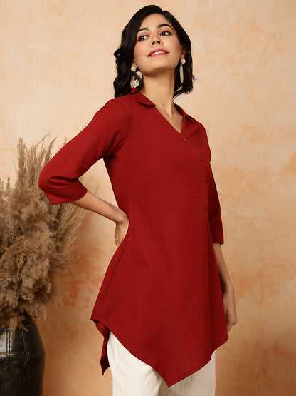 Cotton Flex  Short / Hip Length Length Solid Asymmetrical 3/4 Sleeves Shirt Coller Top