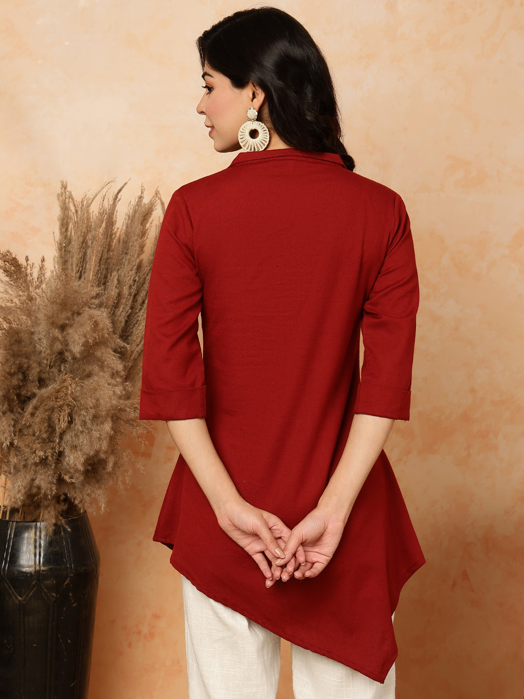 Cotton Flex  Short / Hip Length Length Solid Asymmetrical 3/4 Sleeves Shirt Coller Top