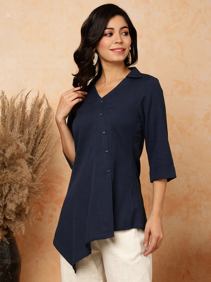 Cotton Flex  Short / Hip Length Length Solid Asymmetrical 3/4 Sleeves Shirt Coller Top