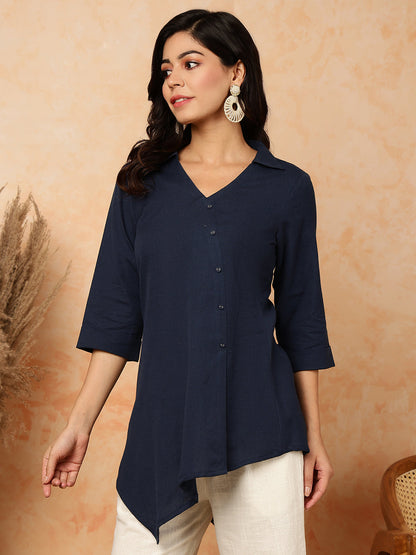 Cotton Flex  Short / Hip Length Length Solid Asymmetrical 3/4 Sleeves Shirt Coller Top