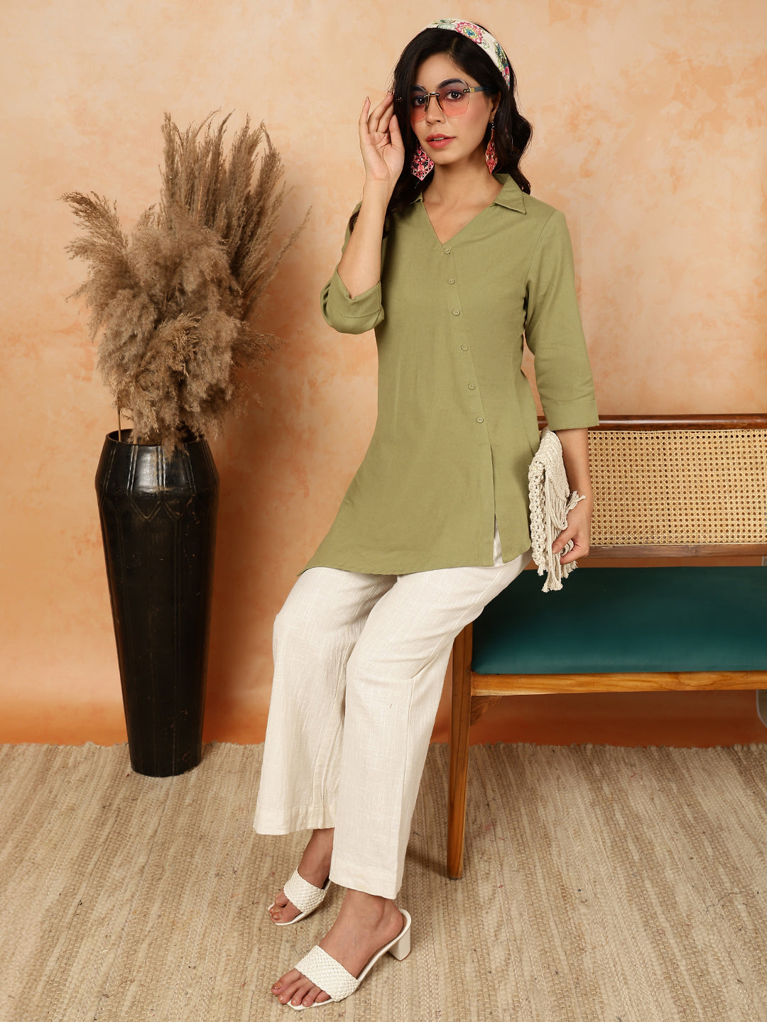 Cotton Flex  Short / Hip Length Length Solid Asymmetrical 3/4 Sleeves Shirt Coller Top