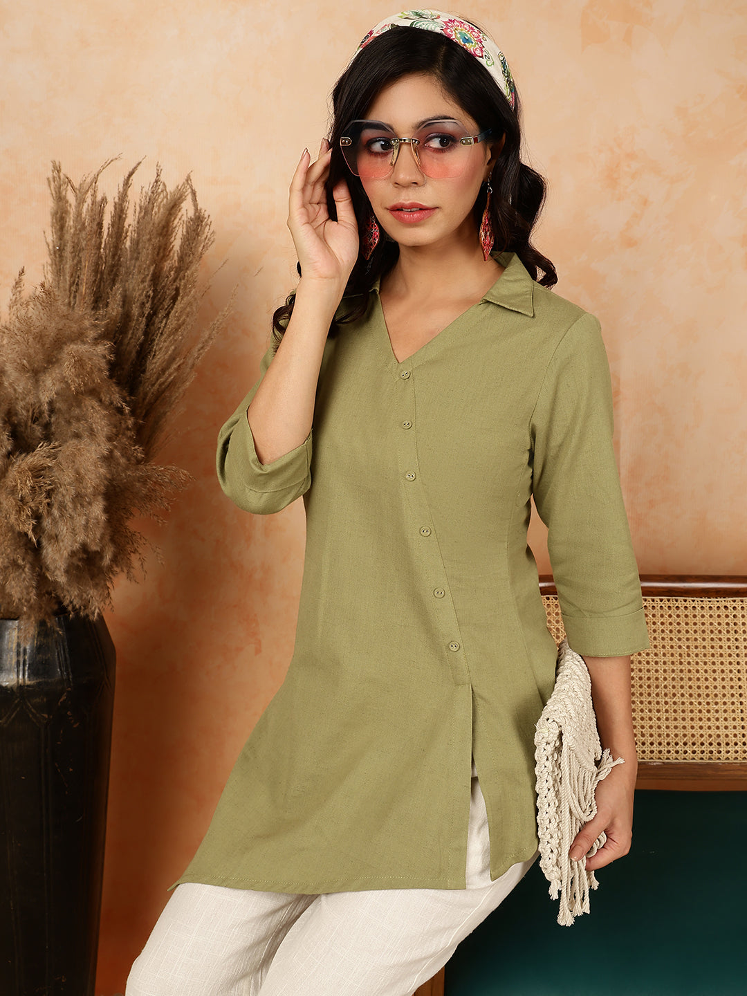 Cotton Flex  Short / Hip Length Length Solid Asymmetrical 3/4 Sleeves Shirt Coller Top