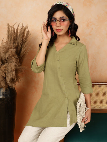 Cotton Flex  Short / Hip Length Length Solid Asymmetrical 3/4 Sleeves Shirt Coller Top