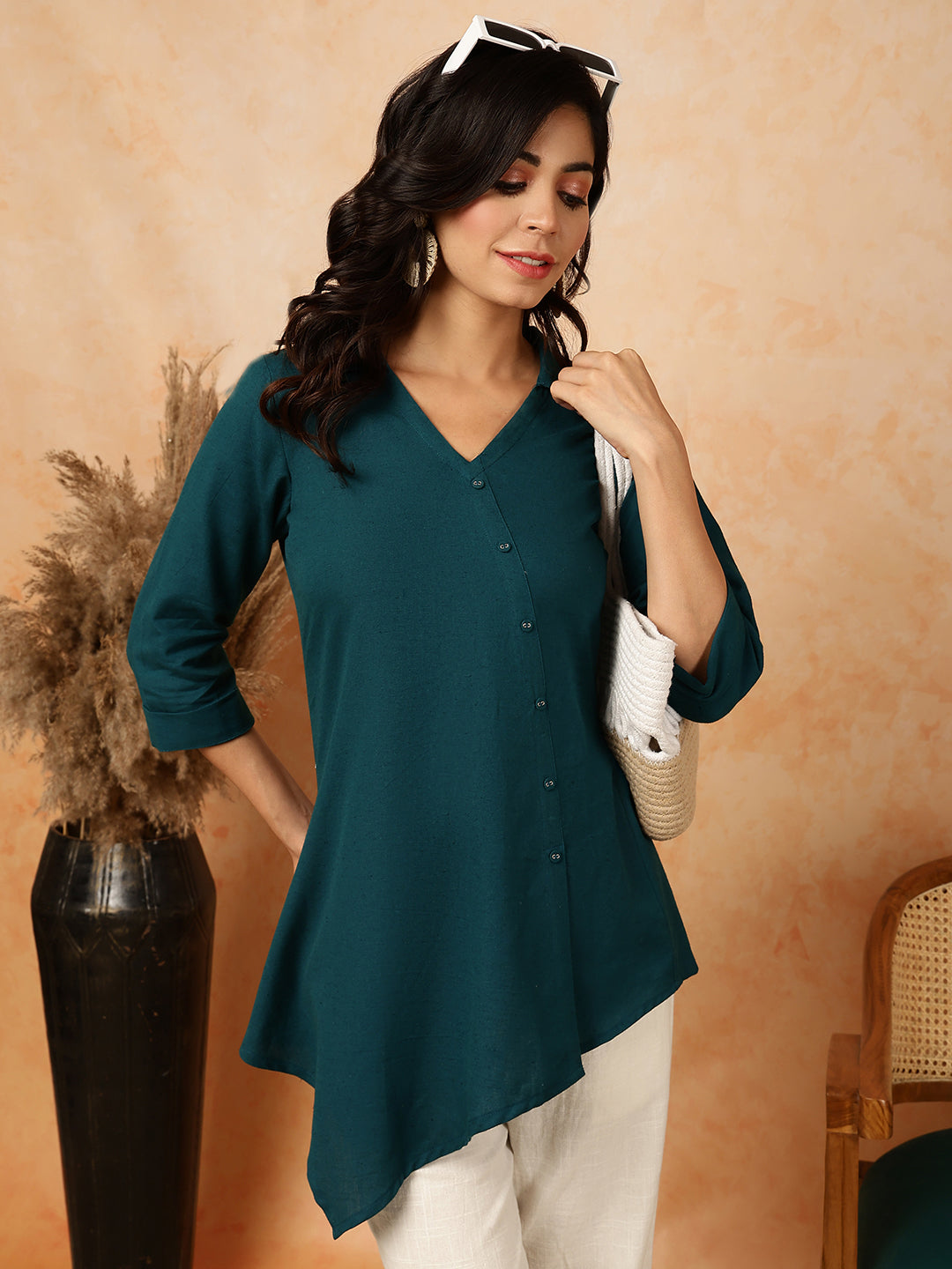 Cotton Flex  Short / Hip Length Length Solid Asymmetrical 3/4 Sleeves Shirt Coller Top
