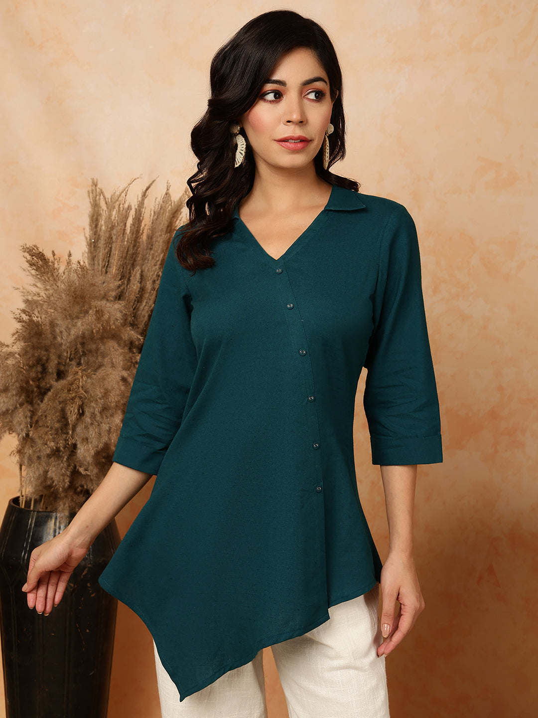 Cotton Flex  Short / Hip Length Length Solid Asymmetrical 3/4 Sleeves Shirt Coller Top