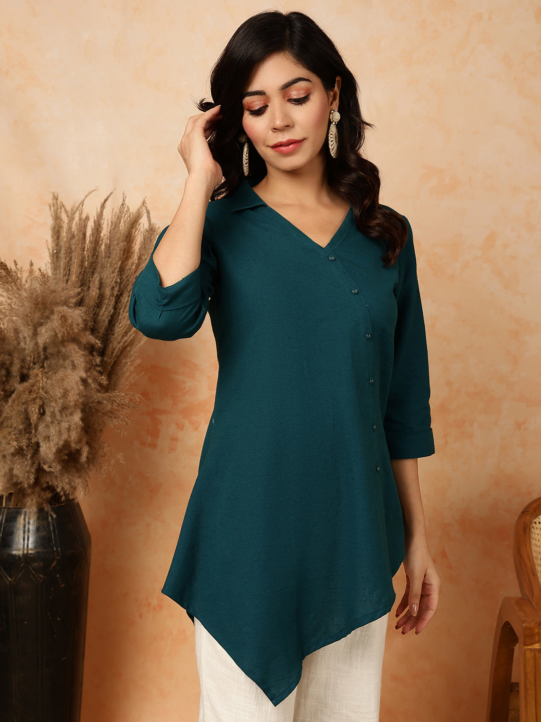 Cotton Flex  Short / Hip Length Length Solid Asymmetrical 3/4 Sleeves Shirt Coller Top