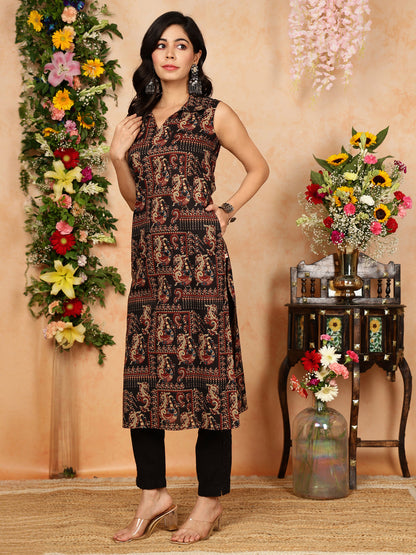 Rayon  Calf Length Printed Straight Slveeless Shirt Coller Kurta