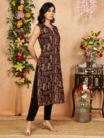 Rayon  Calf Length Printed Straight Slveeless Shirt Coller Kurta