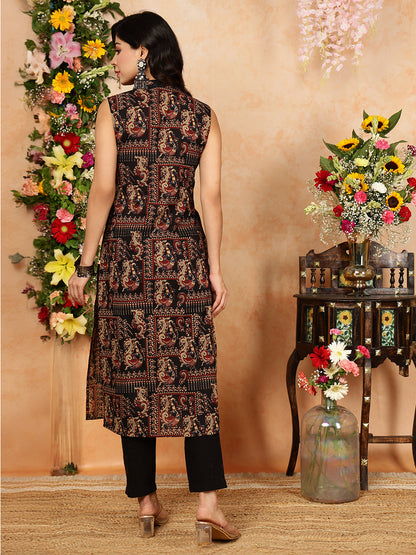 Rayon  Calf Length Printed Straight Slveeless Shirt Coller Kurta
