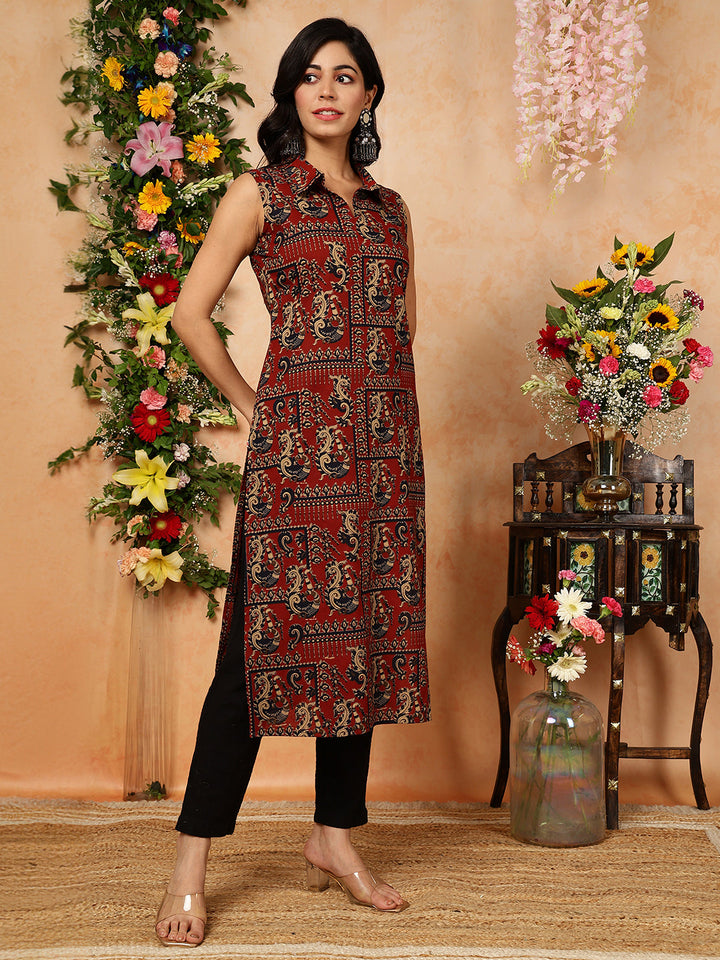 Rayon  Calf Length Printed Straight Slveeless Shirt Coller Kurta