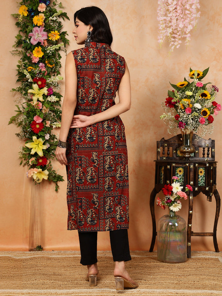 Rayon  Calf Length Printed Straight Slveeless Shirt Coller Kurta