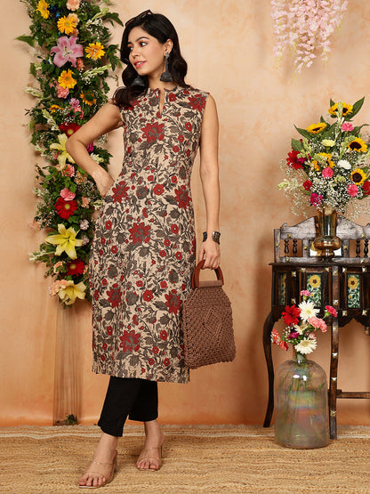 Rayon  Calf Length Printed Straight Slveeless Mandarin Kurta