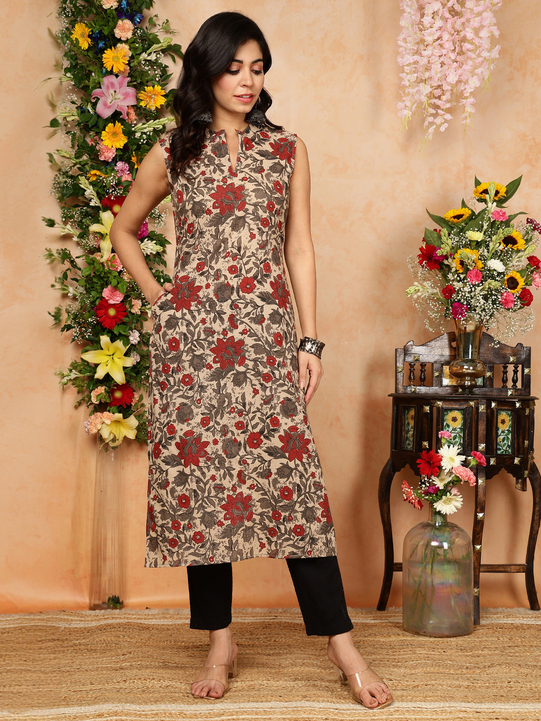 Rayon  Calf Length Printed Straight Slveeless Mandarin Kurta