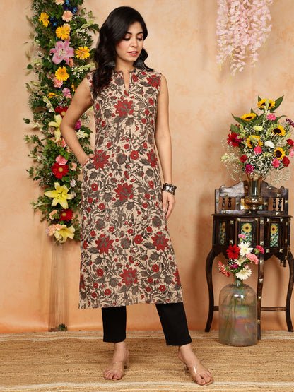 Rayon  Calf Length Printed Straight Slveeless Mandarin Kurta