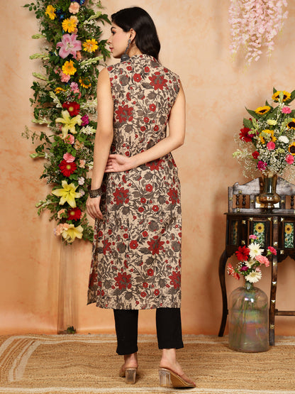 Rayon  Calf Length Printed Straight Slveeless Mandarin Kurta