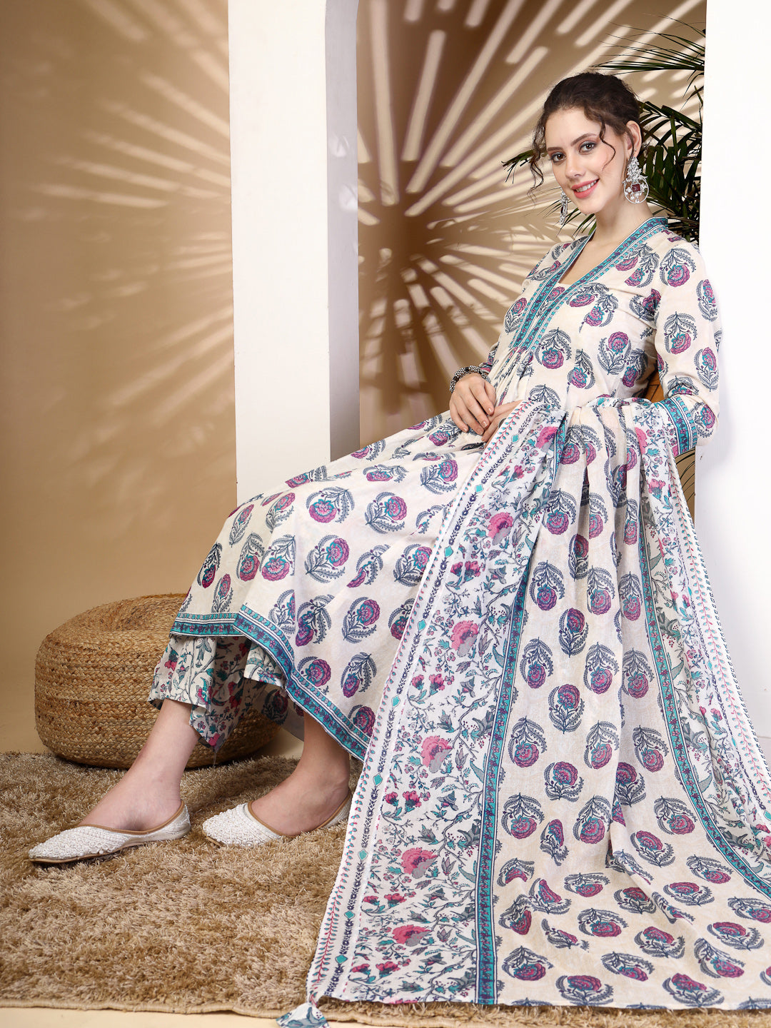 Cotton  Calf Length Printed Flared 3/4 Sleeves V-Neck Kurta, Bottom With Dupatta