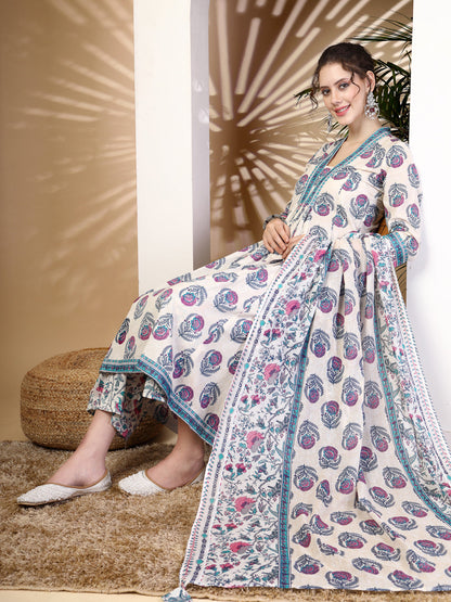 Cotton  Calf Length Printed Flared 3/4 Sleeves V-Neck Kurta, Bottom With Dupatta