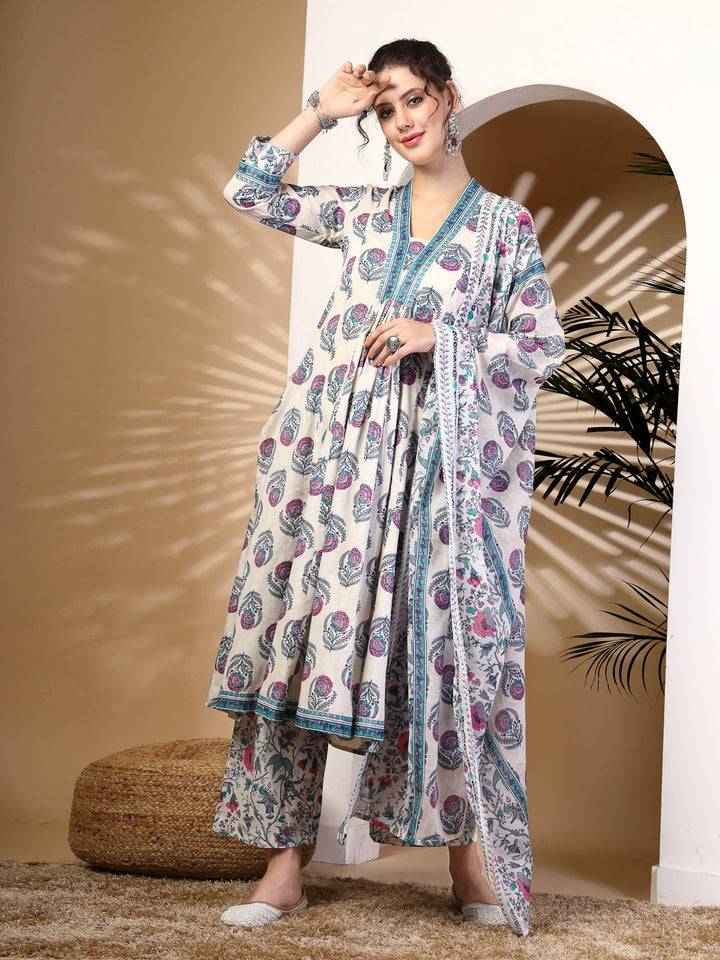 Cotton  Calf Length Printed Flared 3/4 Sleeves V-Neck Kurta, Bottom With Dupatta