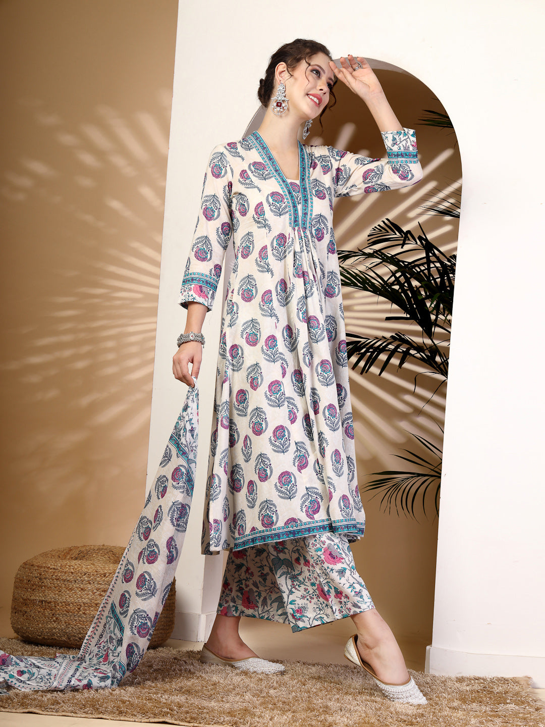 Cotton  Calf Length Printed Flared 3/4 Sleeves V-Neck Kurta, Bottom With Dupatta