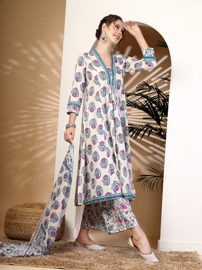 Cotton  Calf Length Printed Flared 3/4 Sleeves V-Neck Kurta, Bottom With Dupatta